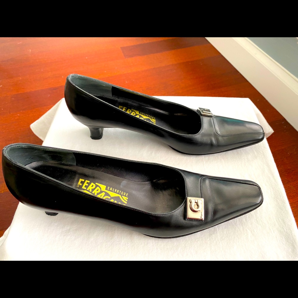 Ferragamo black kitten heels with silver hardware